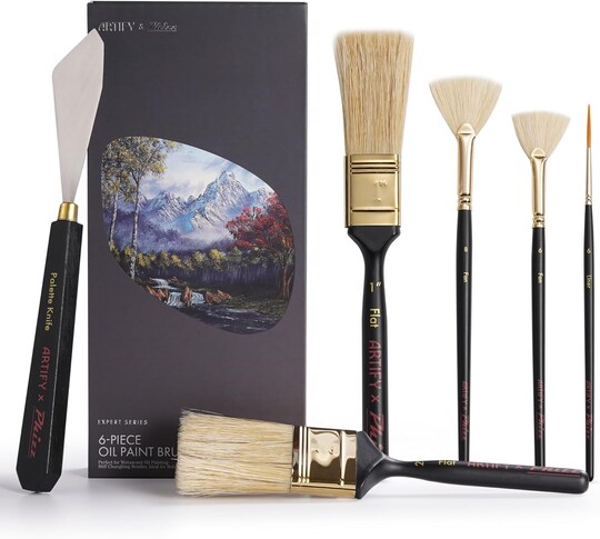 ARTIFY ART SUPPLIES; Artify Artist Paint Brush Set endorsed by Painter Phizz, 6-Piece Wet-on-Wet Oil Paint Brush Set with 5 Brushes and 1 Palette Knife for Artists, Landscapes, and Portraits; Category:Oil; Image:1
